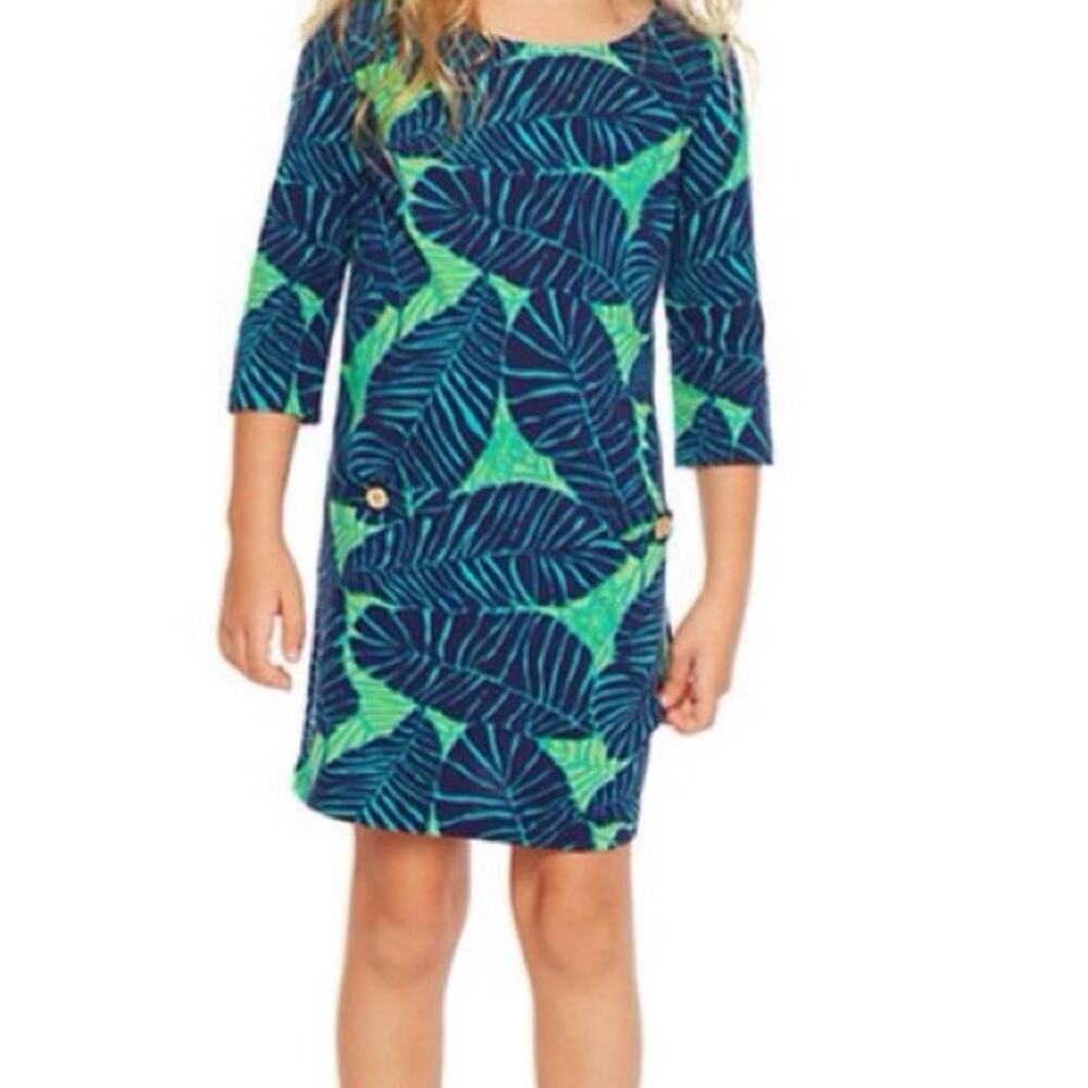 Lilly Pulitzer Girls Carol Shift Dress Blue Green Under The Palm Summer Party